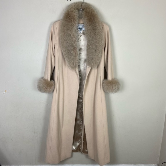 Vintage cream cashmere blend with fox fur maxi frock coat size 4 - Picture 3 of 11